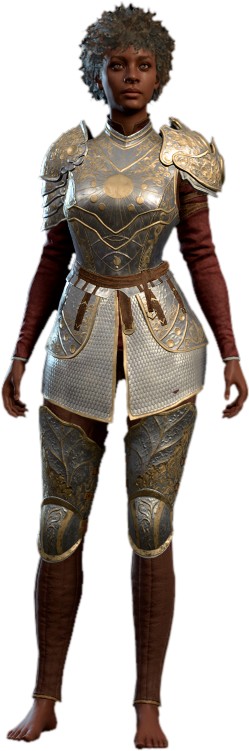 The Armour of Agility from Baldur's Gate 3, gold-etched layered steel plating over a fitted dark underlayer, shown on a human character model.