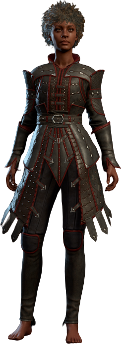 Bhaalist Armour in Baldur's Gate 3, blood-red studded leather with a bone-white breastplate motif, shown on a human character model.