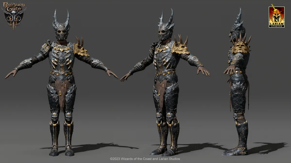 The Helldusk Armour from Baldur's Gate 3, a horned infernal plate cuirass with glowing red seams, shown in an official high-detail render.