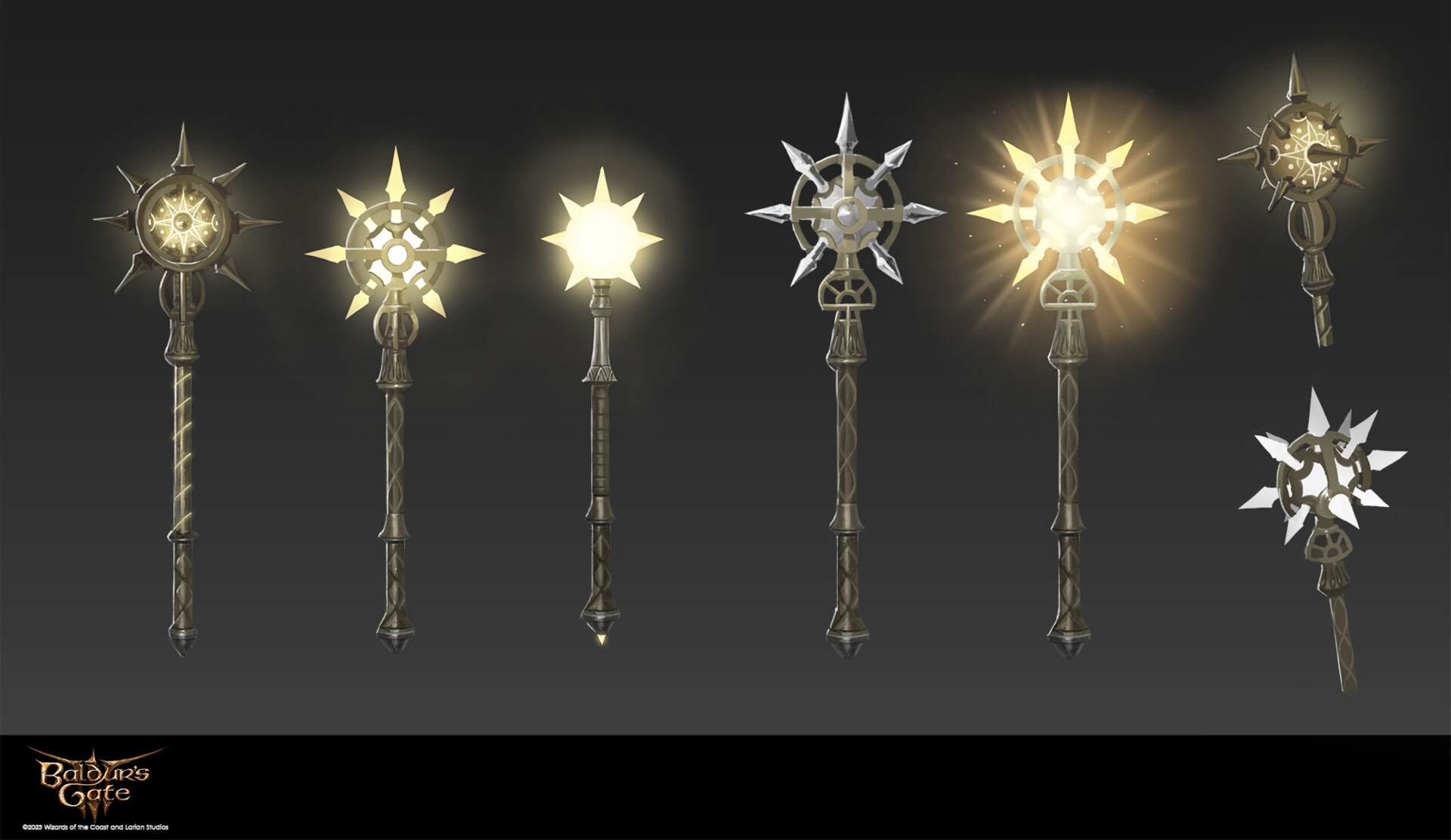 The Blood of Lathander, a radiant legendary mace of the dawn god, rendered in official Baldur's Gate 3 concept art.