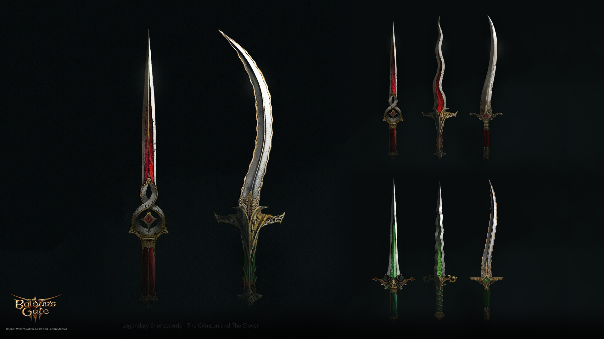 Crimson Mischief, one of the twin blades carried by the Bhaalspawn Orin in Baldur's Gate 3, shown in official concept art.