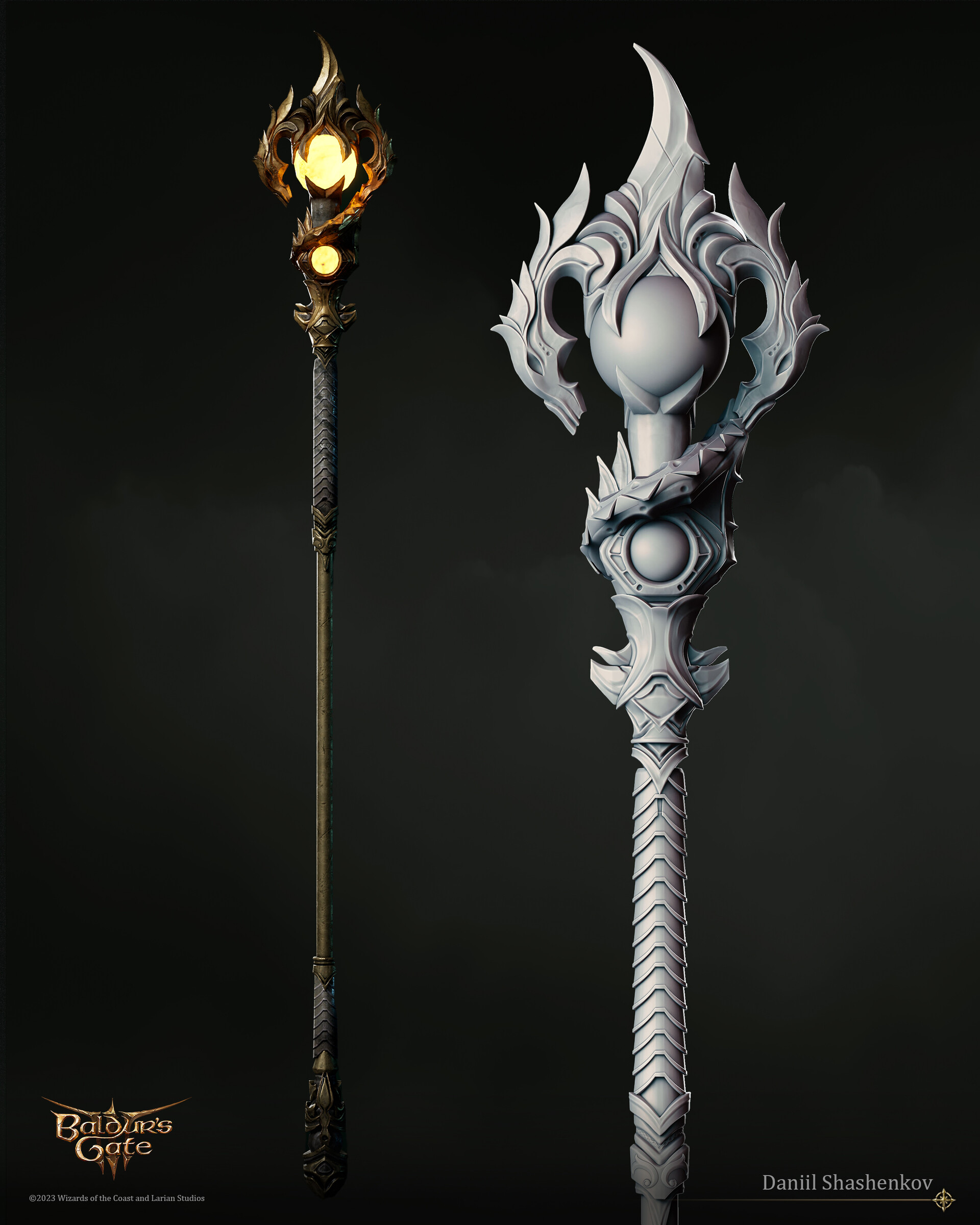 Markoheshkir, the legendary quarterstaff of the draconic goddess Kereska, in official Baldur's Gate 3 concept art.