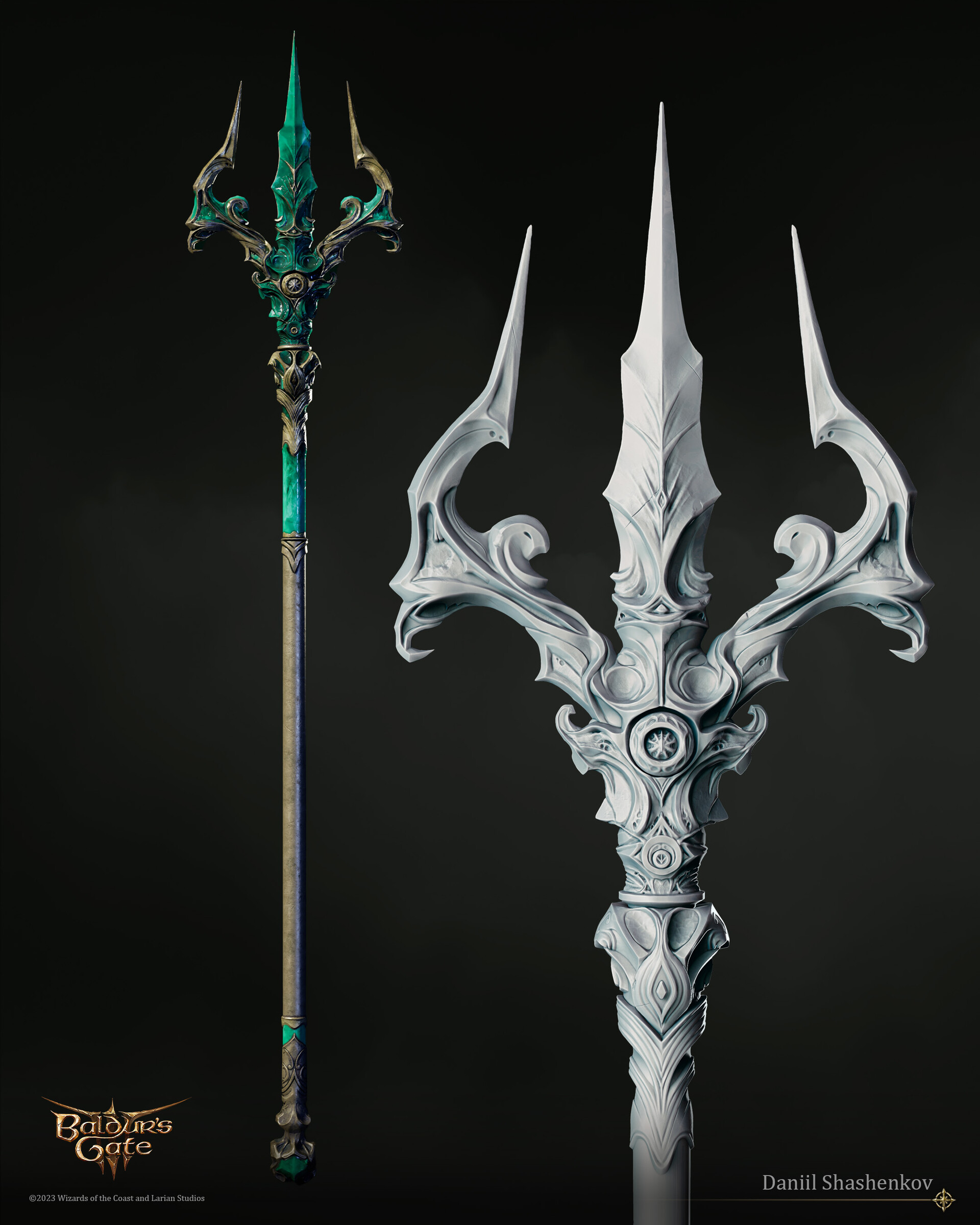 Nyrulna, the legendary +3 returning trident in Baldur's Gate 3, depicted in official concept art wreathed in wind and thunder energy.