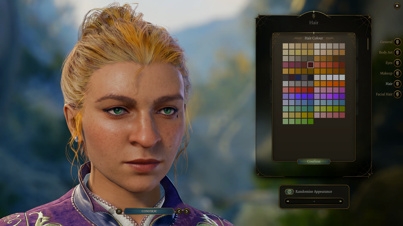 The hireling appearance customisation screen, with the hair colour palette open next to a close-up of the character's face.