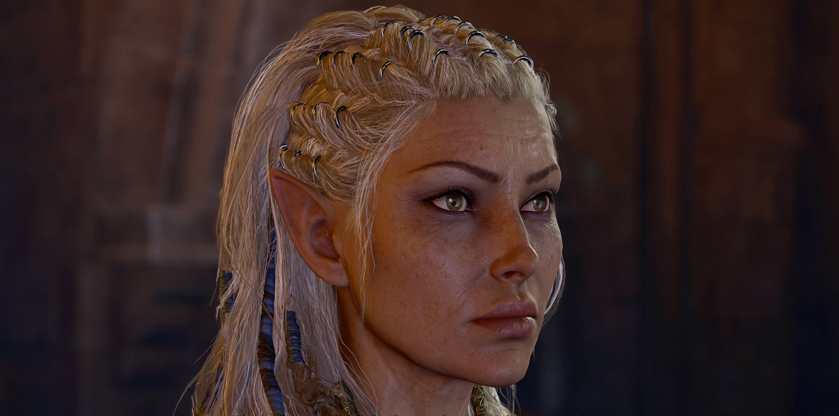 Close-up of Jaheira, her braided silver-blonde hair pulled back, during the Harper ambush at Last Light Inn.