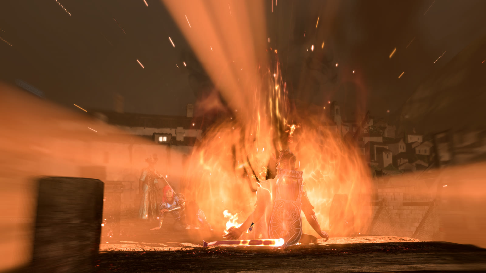 Karlach engulfed in a pillar of flame from her infernal engine on a dark Baldur's Gate street, embers streaking across the frame.