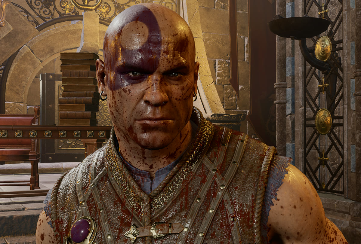 Minsc up close, bald head marked with his purple tattoo, blood-spattered after the sewer fight.