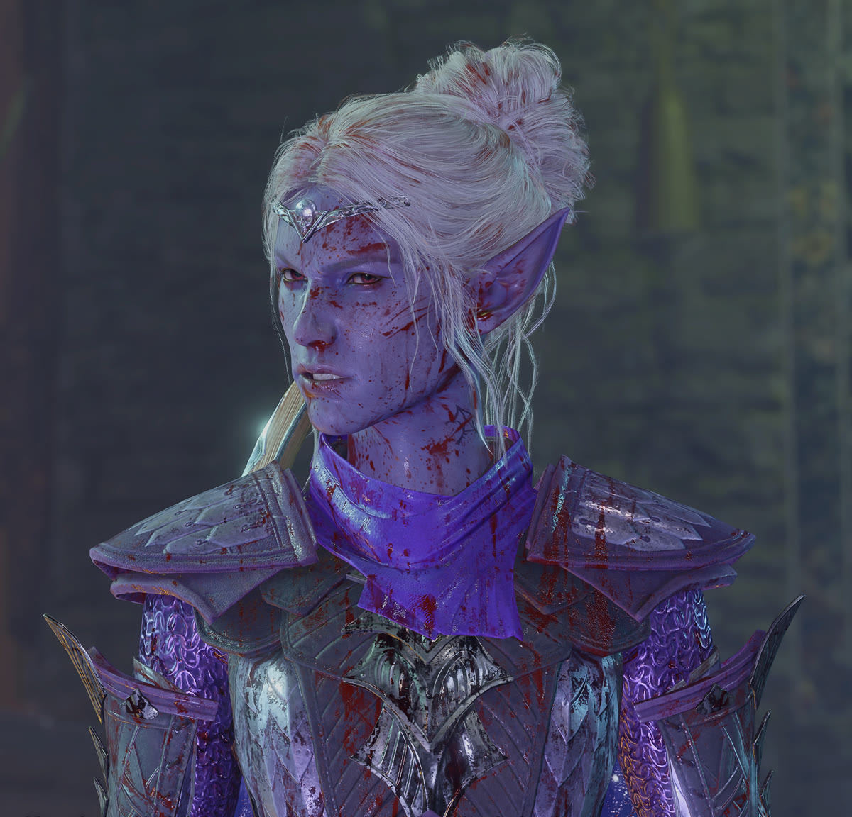 Minthara at Moonrise Towers, blood-spattered in ornate drow armor, her silver hair in a top bun.