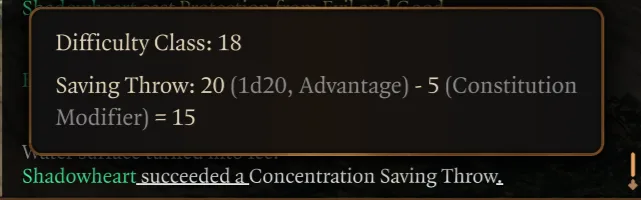 A Baldur's Gate 3 roll tooltip reading Difficulty Class 18 and Saving Throw 20, rolled on a d20 with Advantage, minus 5 for Constitution modifier, equals 15, above a combat log line saying Shadowheart succeeded a Concentration Saving Throw.