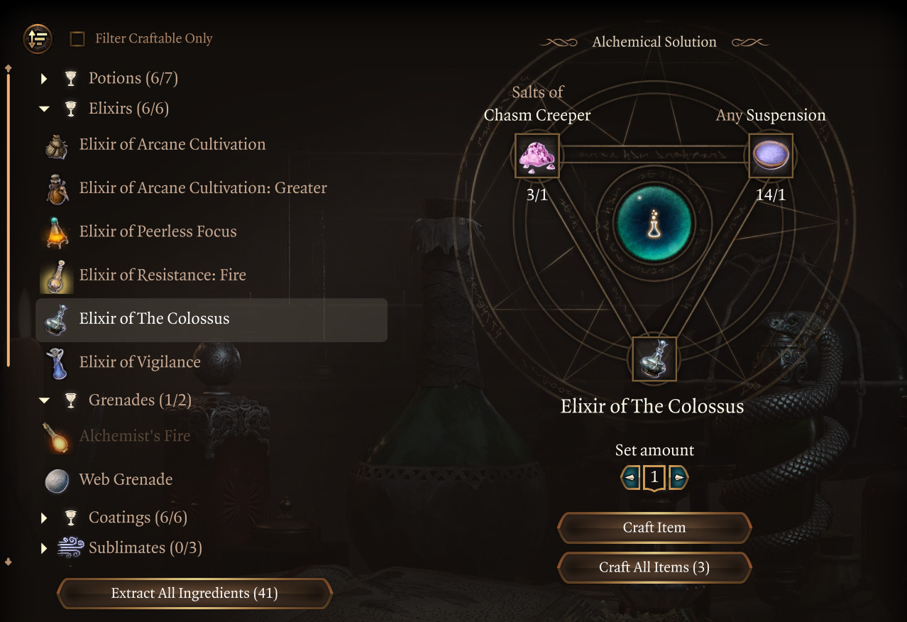 The Baldur's Gate 3 alchemy window, showing extracts and elixir recipes. Extracting ingredients is free and reduces carried weight.