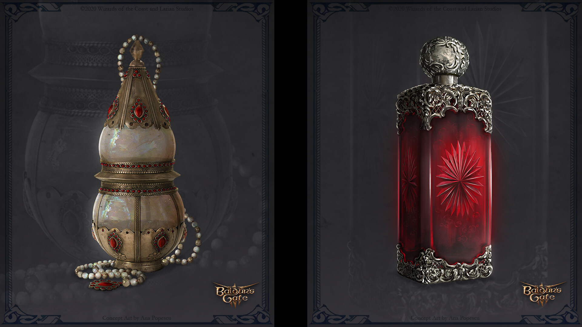 Baldur's Gate 3 concept art of assorted alchemical potions and elixirs in coloured glass bottles, by Larian artist Ana Popescu.