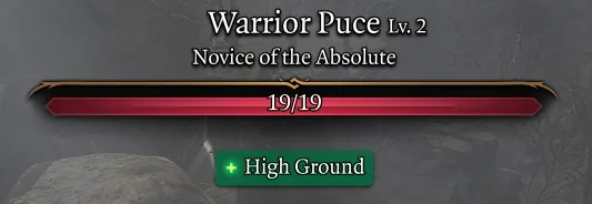 The Baldur's Gate 3 targeting UI showing the +2 High Ground bonus applied to an attack roll against a lower target.