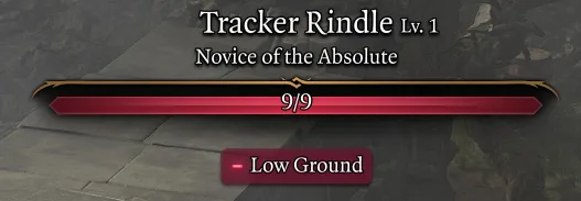 The Baldur's Gate 3 targeting UI showing the -2 Low Ground penalty applied to an attack roll against a higher target.