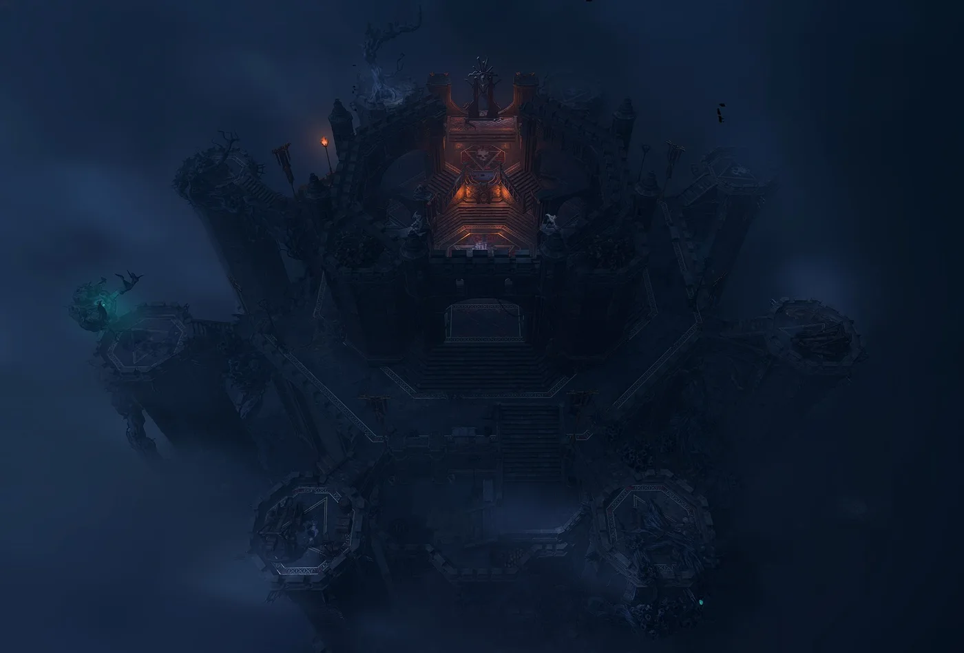 The rooftop of Moonrise Towers in Baldur's Gate 3, an elevated stone battlement overlooking the courtyard below — the kind of terrain the game's High Ground attack-roll bonus is built around.