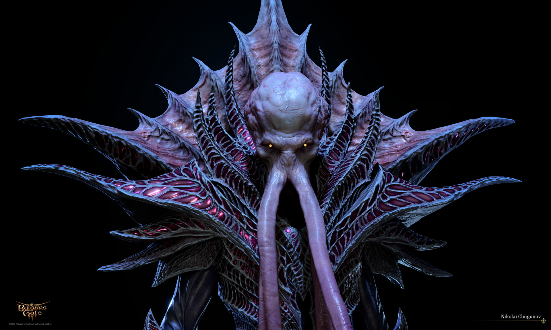 Official Larian concept art of a Baldur's Gate 3 mind flayer, showing the tentacled illithid head and hunched robed body in cold lighting.