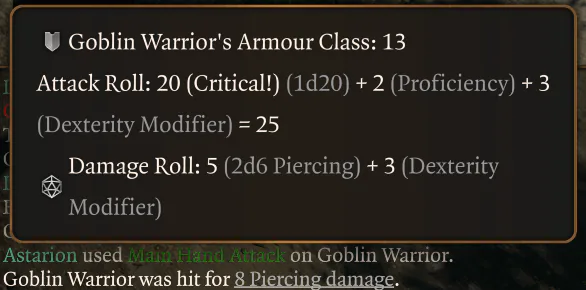 A Baldur's Gate 3 critical hit example with a shortsword, showing a natural 20 doubling the damage dice rolled.