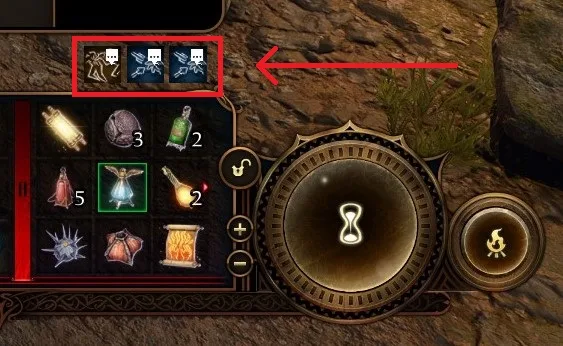 The Baldur's Gate 3 hotbar showing active reaction icons, each marked with a dialogue bubble indicating the Ask setting.
