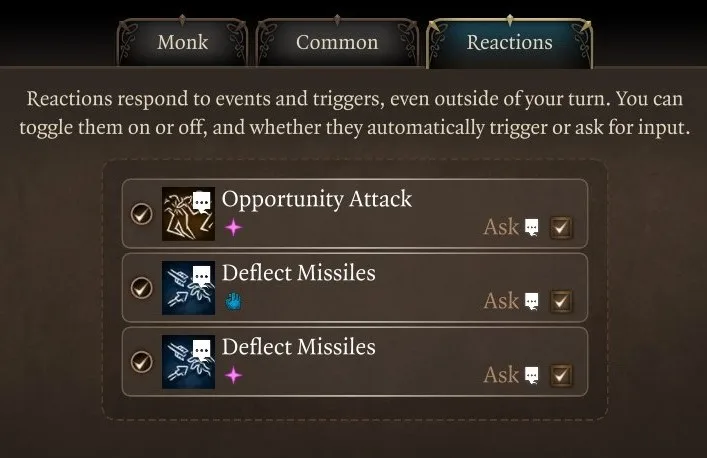 The Baldur's Gate 3 Reactions tab on a Monk character sheet, with an enable checkbox and an Ask toggle beside each reaction.