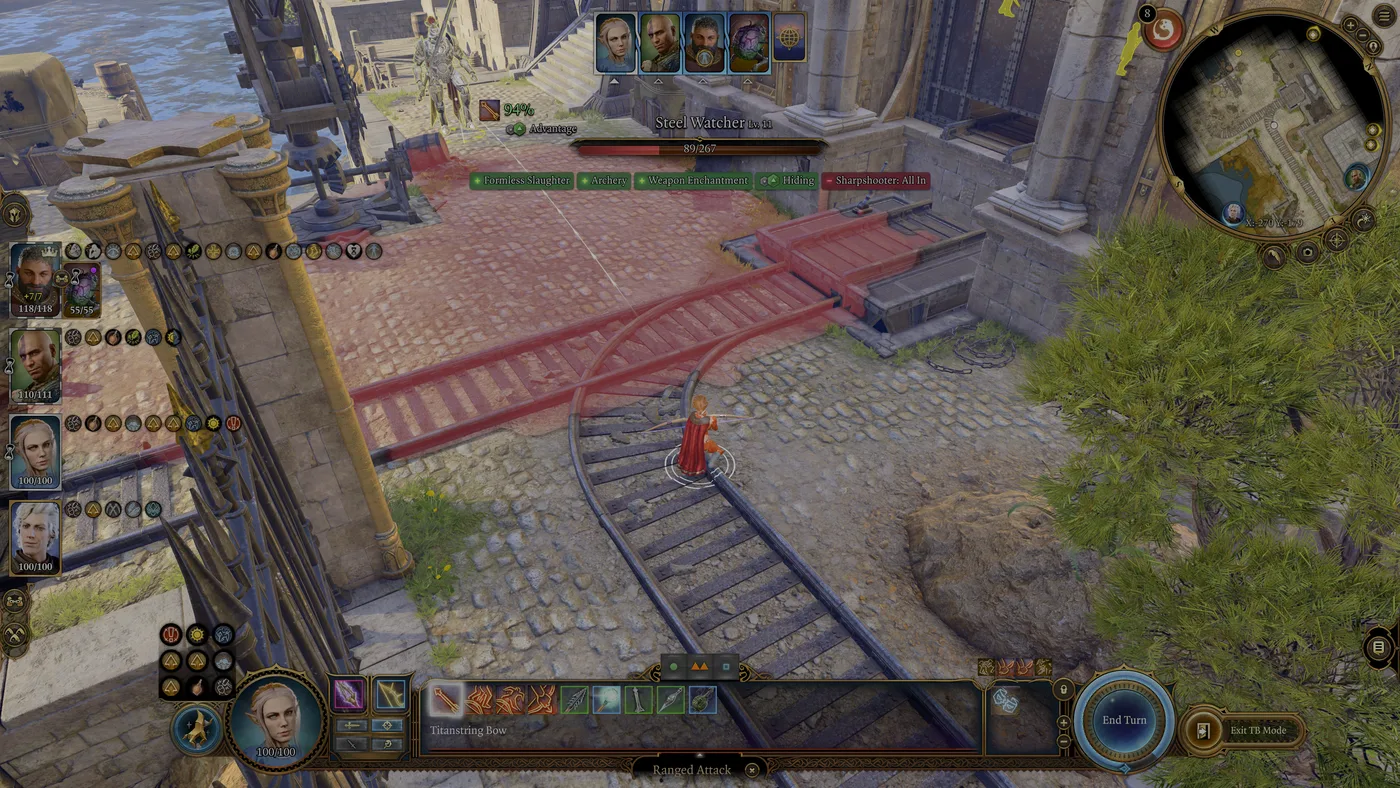 A Baldur's Gate 3 turn-based combat screenshot of a hidden archer standing on rail tracks and aiming at a level 11 Steel Watcher, with enemy sight cones tinted red across the ground and the attack tooltip showing a 94% chance with Advantage from the Hiding condition.