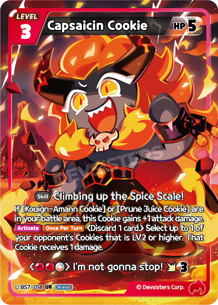 Official Capsaicin Cookie card (BS7-014), the Ultra Rare Red Arena Cookie that pings opposing Cookies and grows alongside Kouign-Amann and Prune Juice, topping the best Arena cards list in Cookie Run: Braverse.