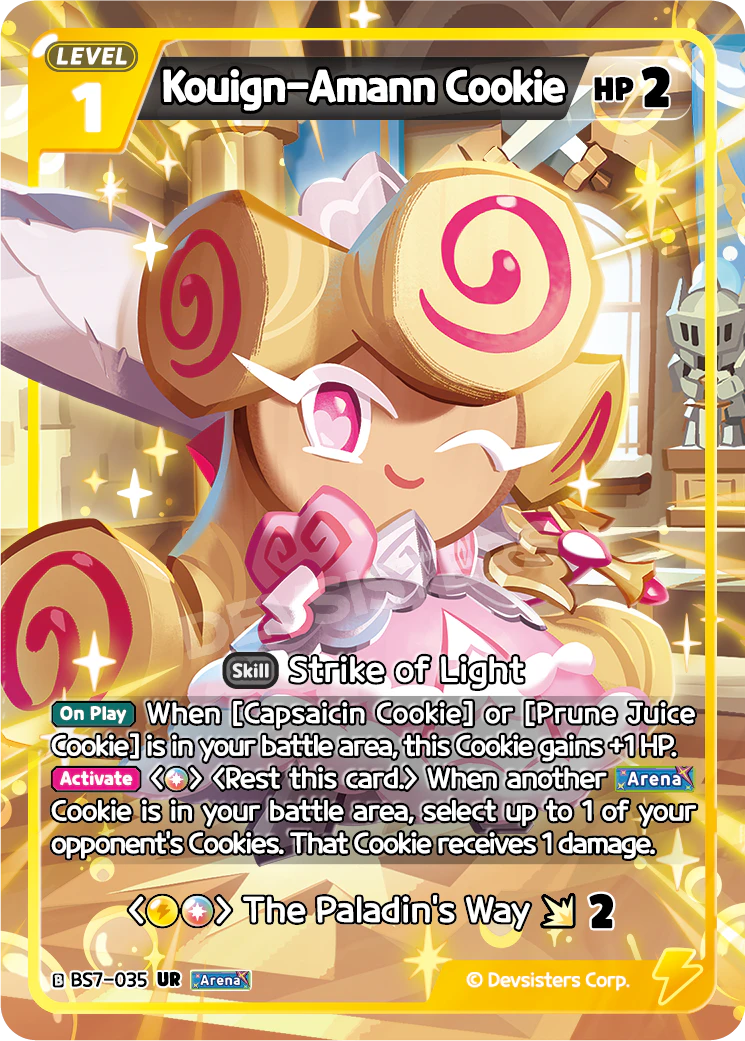 Official Kouign-Amann Cookie card (BS7-035), an Ultra Rare Yellow LV.1 Arena Cookie that gains HP next to the Arena trio and pings opposing Cookies when another Arena Cookie is in play in Cookie Run: Braverse.