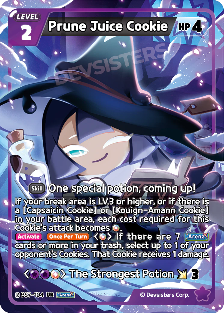 Official Prune Juice Cookie card (BS7-104), an Ultra Rare Purple LV.2 Arena Cookie that casts for any-color costs and pings opposing Cookies once seven Arena cards are in your trash in Cookie Run: Braverse.