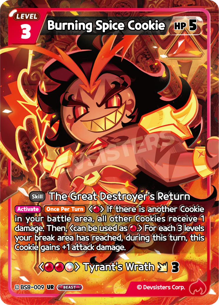 Official Burning Spice Cookie card (BS8-009), the Red Beast Cookie in Cookie Run: Braverse, a 5-HP body whose skill pings the whole board and scales attack off your break-area level.