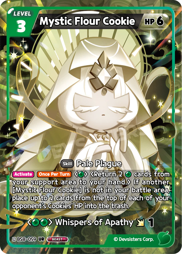 Official Mystic Flour Cookie card (BS8-059), the Green Beast Cookie in Cookie Run: Braverse, a 6-HP body that repeatedly strips two HP cards off every opposing Cookie.