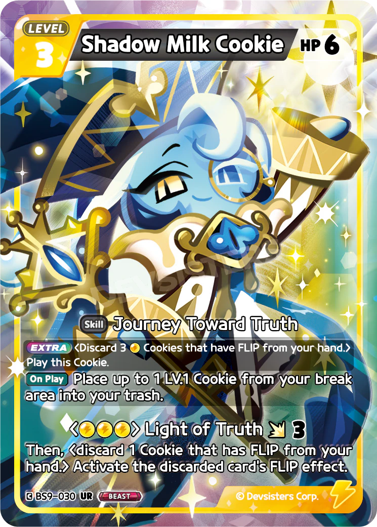 Official Shadow Milk Cookie card (BS9-030), the Yellow Beast Cookie and top of the Beast ranking in Cookie Run: Braverse, a 6-HP body that recurs LV.1 Cookies and chains FLIP effects.