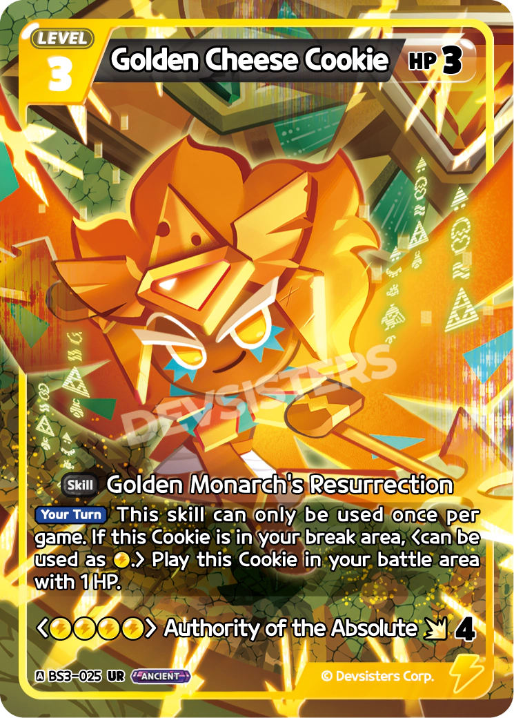 Official Golden Cheese Cookie card (BS3-025), the Ultra Rare Yellow Ancient that resurrects itself from the break area and ranks among the best overall cards in Cookie Run: Braverse.