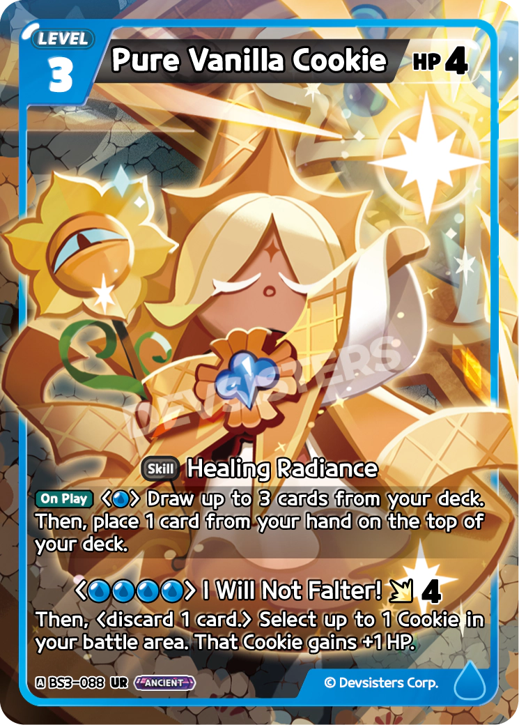 Official Pure Vanilla Cookie card (BS3-088), an Ultra Rare Blue Ancient draw engine that draws up to three and sets one card back, ranked among the best overall cards in Cookie Run: Braverse.