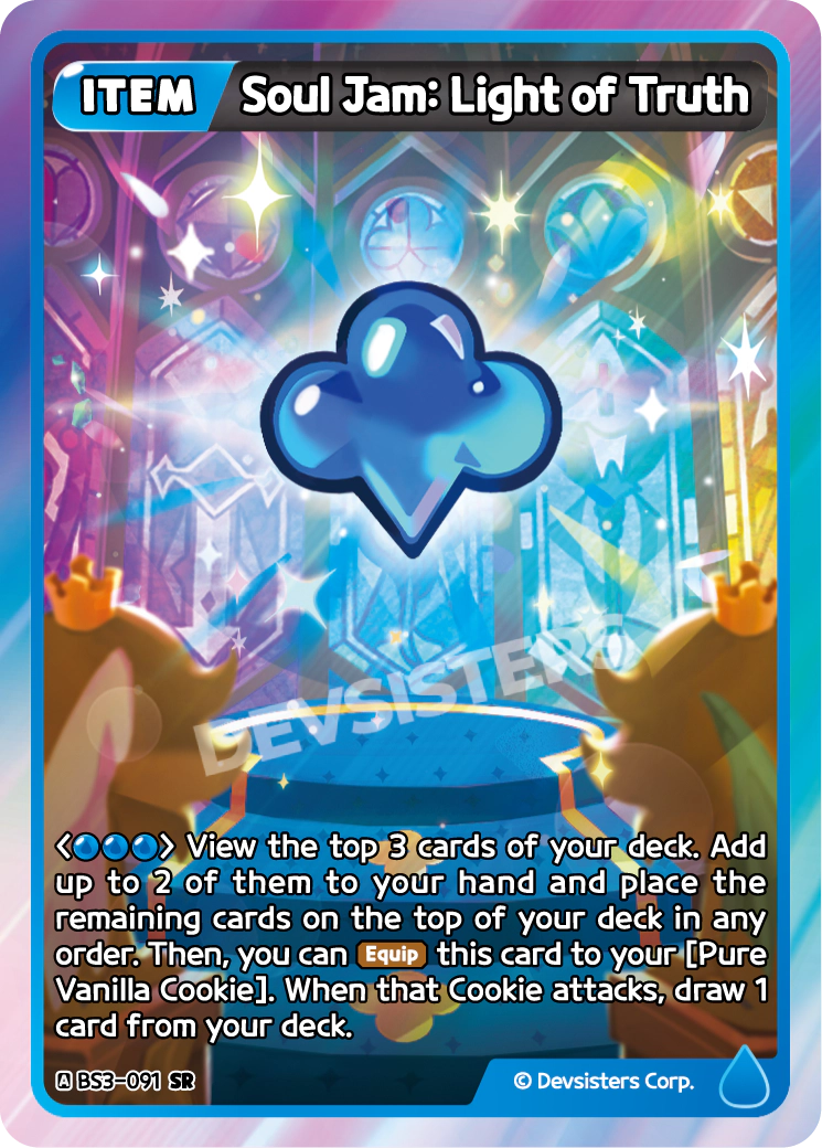 Official Soul Jam: Light of Truth card (BS3-091, Blue), the card-selection Soul Jam that digs three deep and adds up to two to your hand before equipping to White Lily Cookie.