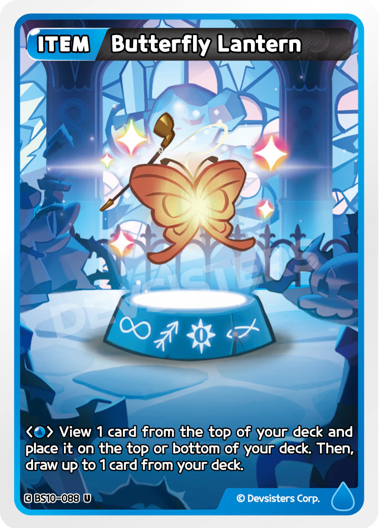 Official Butterfly Lantern card (BS10-088), a Blue Item that views the top card of your deck, places it on top or bottom, then draws up to 1 - the cleanest selection cantrip in Cookie Run: Braverse