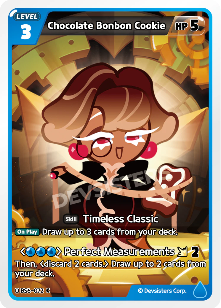 Official Chocolate Bonbon Cookie card (BS6-072), a Blue LV.3 Common from Operation Timeguard whose Timeless Classic skill draws up to 3 cards on play - the only unconditional multi-card draw skill in Cookie Run: Braverse.