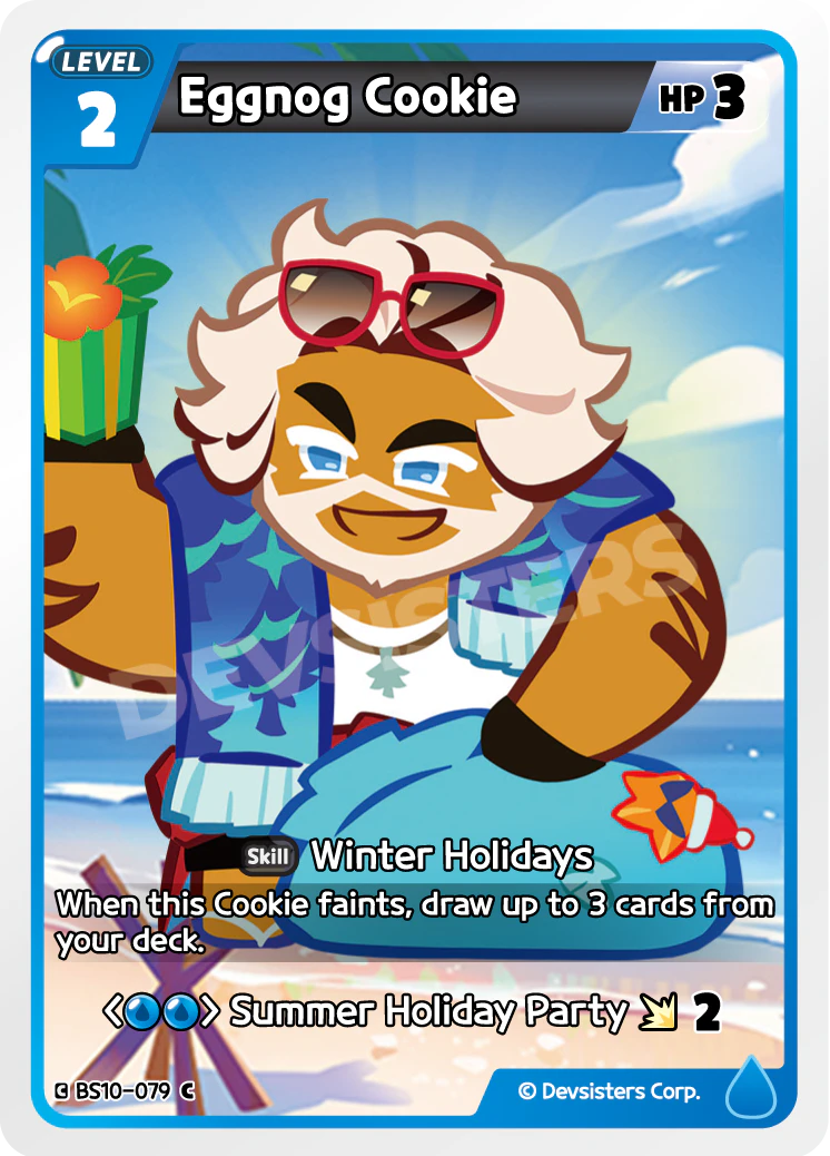 Official Eggnog Cookie card (BS10-079), a Blue LV.2 Common whose Winter Holidays skill draws up to 3 cards when the Cookie faints