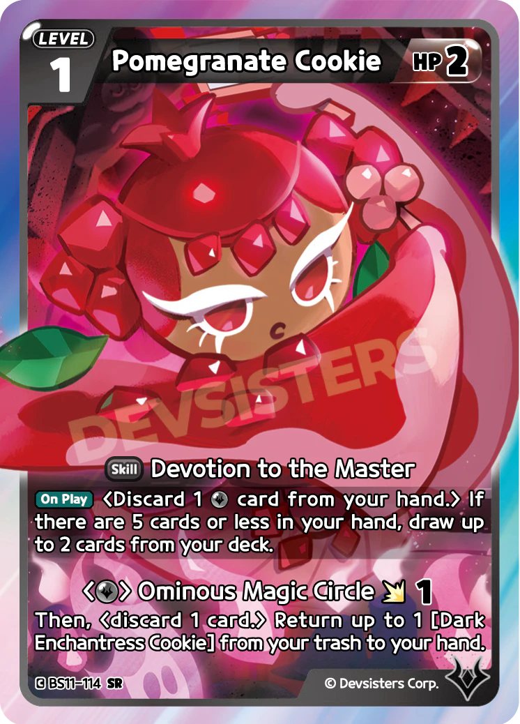 Official Pomegranate Cookie card (BS11-114), a Black LV.1 Super Rare from The Dark Enchantress War that discards a Black card to draw up to 2 - part of the first real draw suite Black has ever had