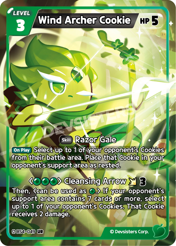 Official Wind Archer Cookie card (BS4-049), an Ultra Rare Green LV.3 Cookie that bounces an opponent's Cookie back to their support area as a clean removal-and-tempo answer.