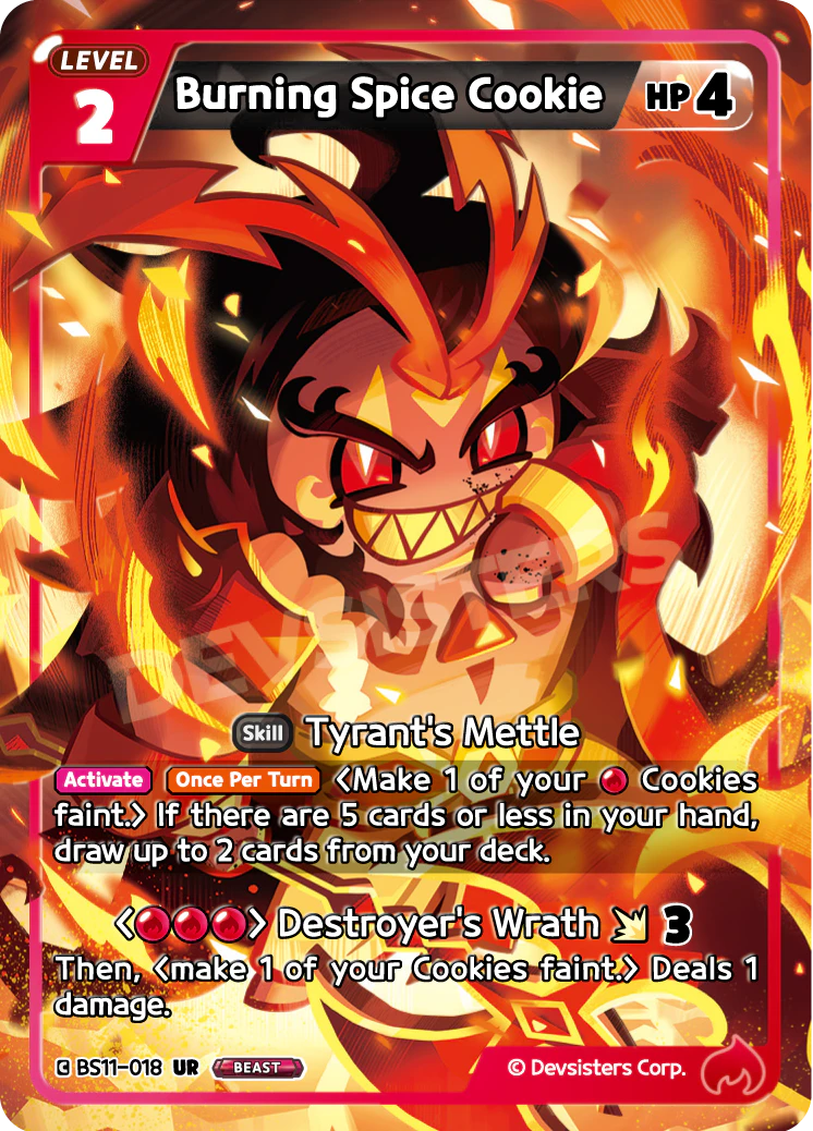 Burning Spice Cookie card, a Level 2 Red BEAST Cookie with 4 HP and the Tyrant's Mettle skill, one of the five Beast legendaries in Cookie Run: Braverse.