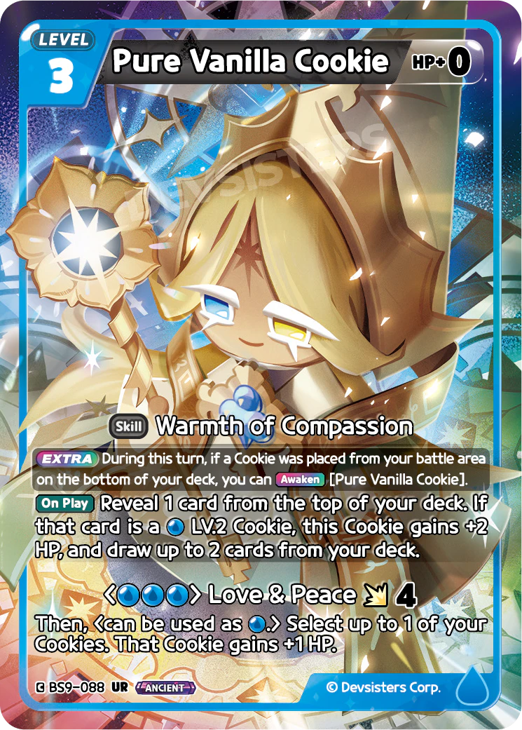 Pure Vanilla Cookie card, a Level 3 Blue ANCIENT EXTRA Cookie with the Warmth of Compassion skill built around the Awaken mechanic in Cookie Run: Braverse.