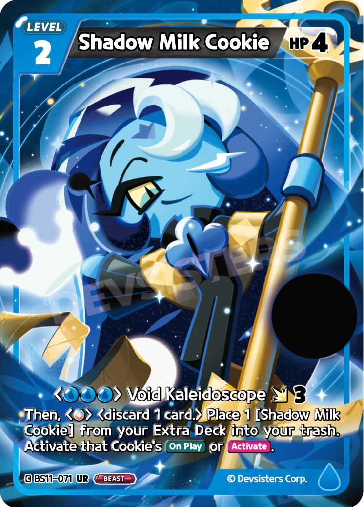 Shadow Milk Cookie card, a Level 2 Blue BEAST Cookie with 4 HP whose attack pulls copies from the Extra Deck, in Cookie Run: Braverse.