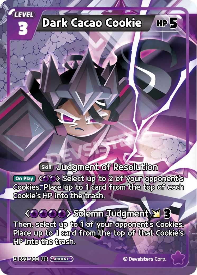 Official Dark Cacao Cookie card (BS3-100), the Ultra Rare Purple Ancient whose attack mills HP off opposing Cookies and tops the best Purple cards list in Cookie Run: Braverse.