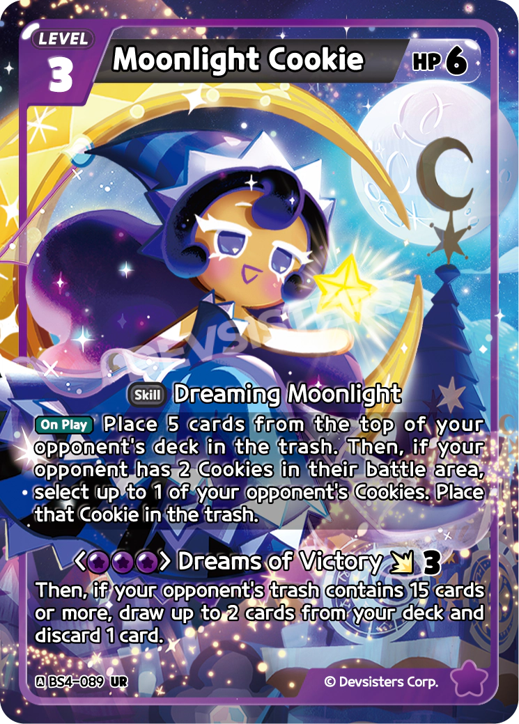 Official Moonlight Cookie card (BS4-089), an Ultra Rare Purple six-HP Cookie that mills five cards off the opponent's deck and can place a Cookie in the trash.