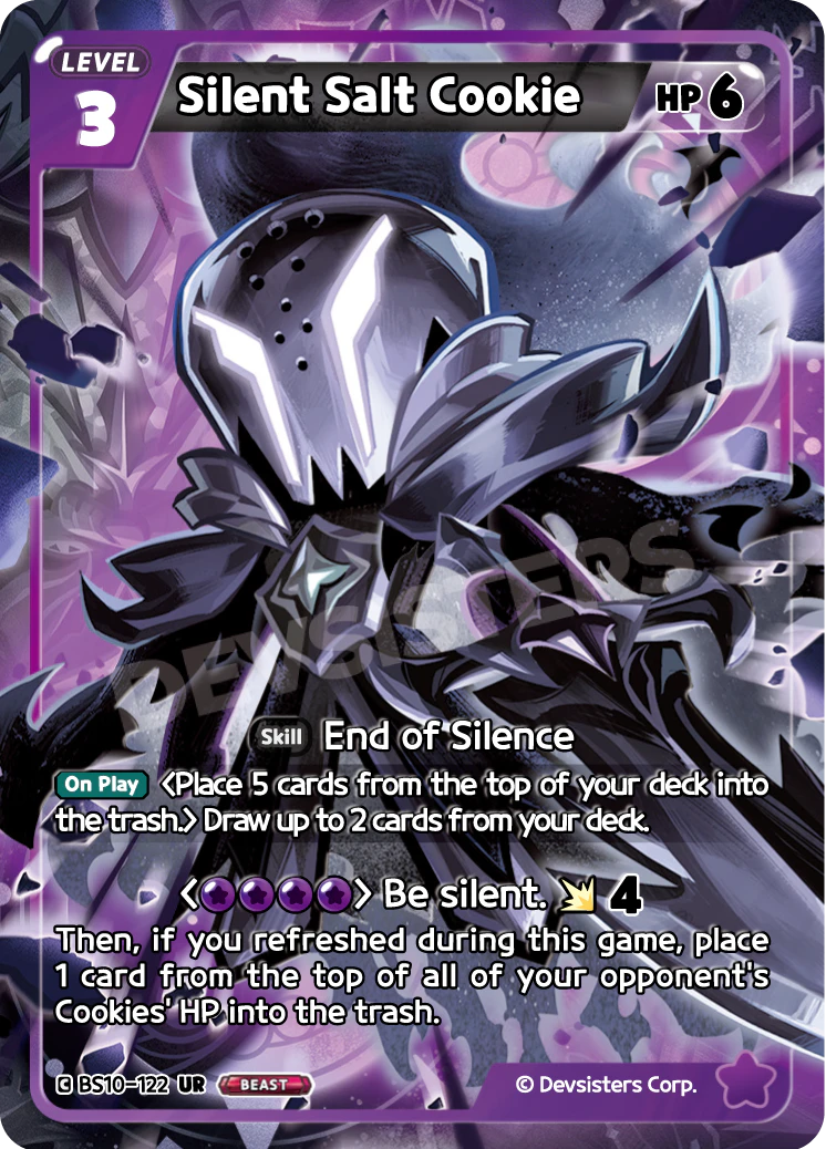 Official Silent Salt Cookie card (BS10-122), an Ultra Rare Purple BEAST that self-mills on play and strips an HP card off every opposing Cookie when you've refreshed your deck.