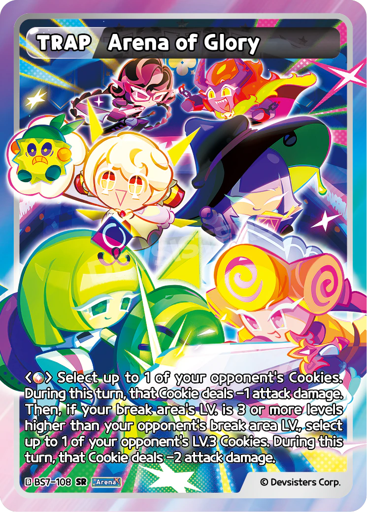 Official Arena of Glory card (BS7-108), the Pure Super Rare Trap that reduces an opposing Cookie by 1 attack damage and does more when your break area leads by three Levels.