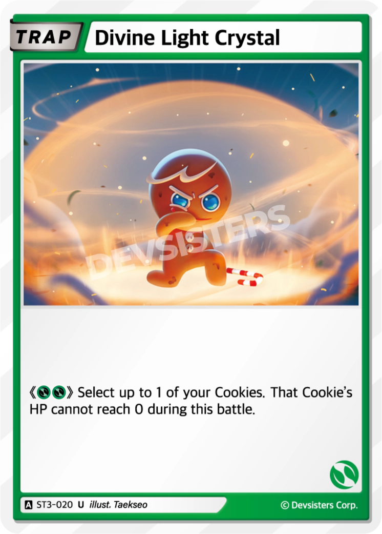 Official Divine Light Crystal card (ST3-020), the Green Uncommon Trap that makes one of your Cookies unable to reach 0 HP during the battle.