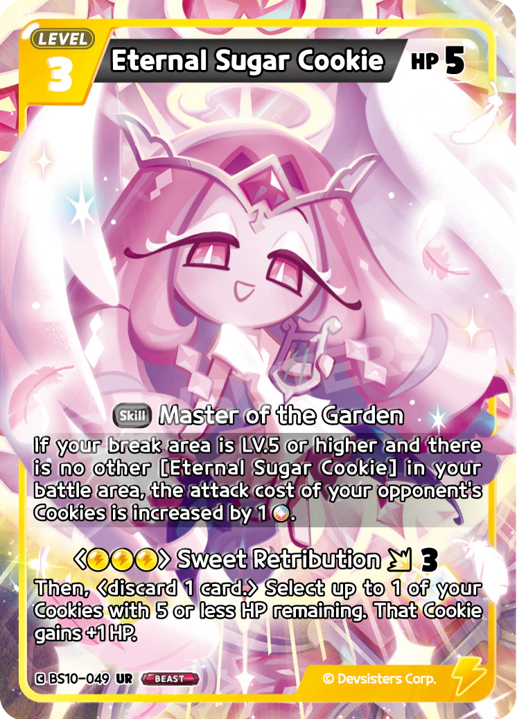 Official Eternal Sugar Cookie card (BS10-049), an Ultra Rare Yellow LV.3 BEAST that taxes the opponent's attack costs when your break area is LV.5 or higher.