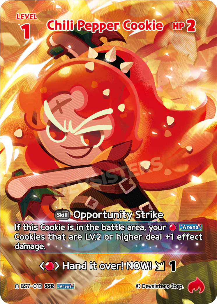Official Chili Pepper Cookie card (BS7-013), a Red LV.1 Arena Cookie that buffs your Red Arena attackers - the engine card of a Cookie Run: Braverse aggro deck.