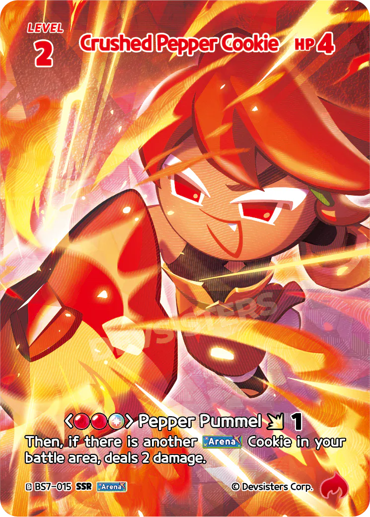 Official Crushed Pepper Cookie card (BS7-015), a Red LV.2 Arena Cookie whose attack scales when you have another Arena Cookie in play - exactly the go-wide payoff Red aggro is built around in Cookie Run: Braverse.