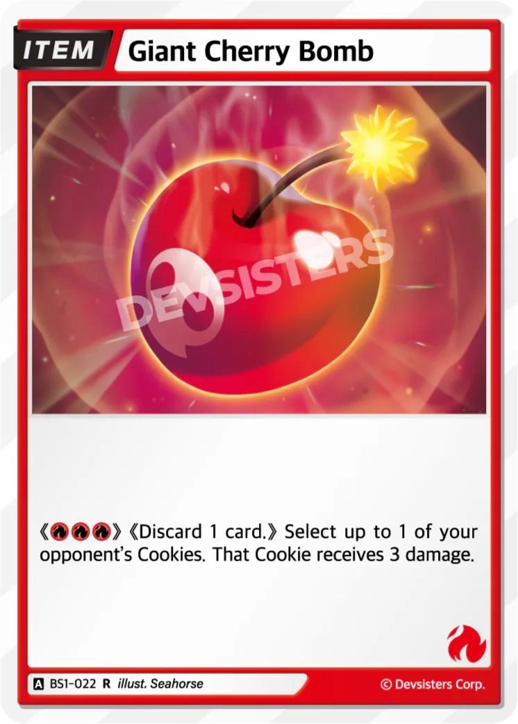 Official Giant Cherry Bomb card (BS1-022), a Red Item that deals 3 direct damage to an opposing Cookie - the reach that closes a Cookie Run: Braverse aggro game when the board stalls.