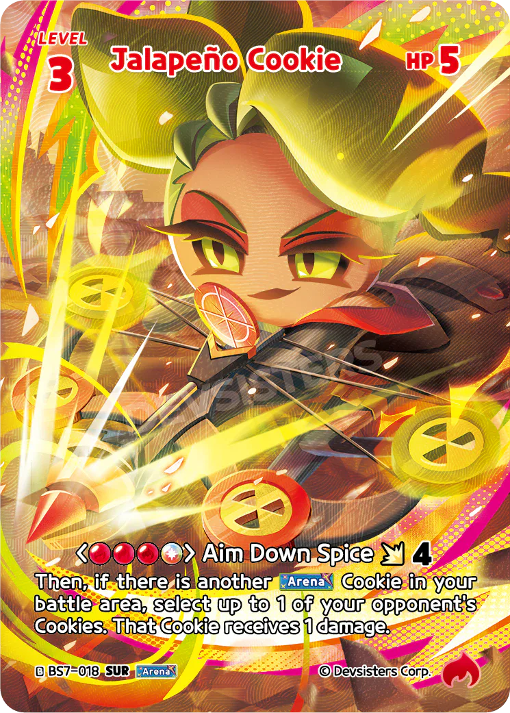 Official Jalapeño Cookie card (BS7-018), a Red LV.3 Arena finisher that swings for 4 and adds reach damage when another Arena Cookie is in play - the top end of a Cookie Run: Braverse aggro deck.